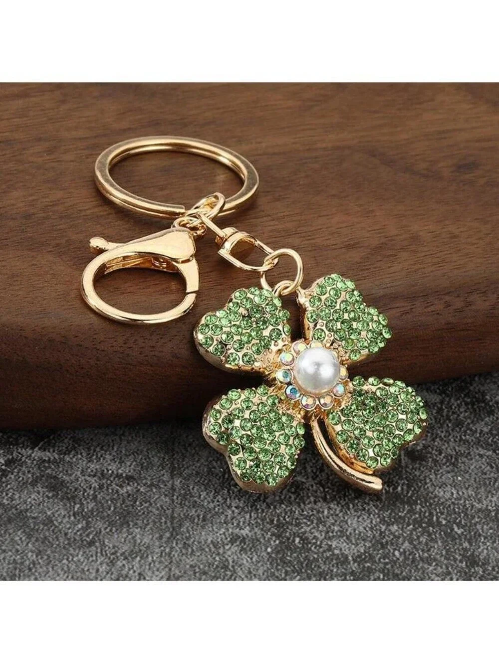 Green & Gold Four Leaf Clover Rhinestoned Keychain